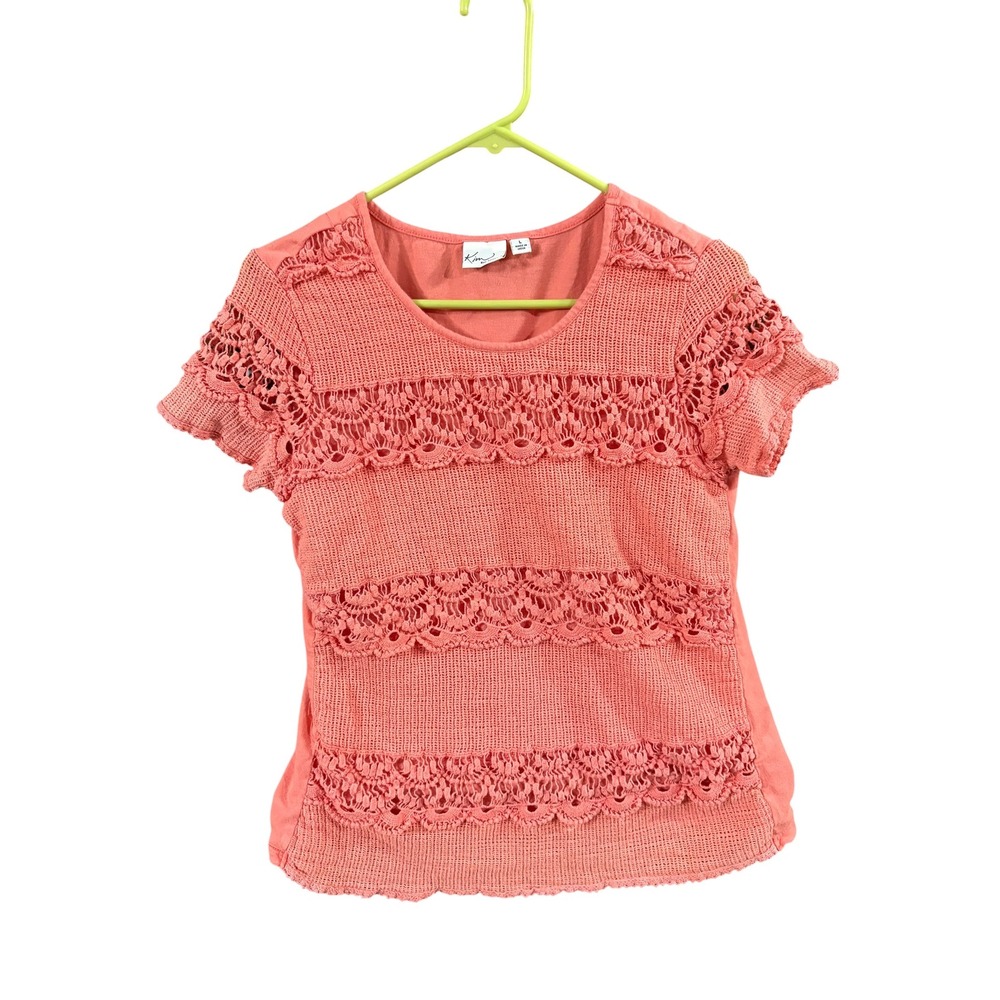 Kim Rogers Womens Coral Pink Crochet Lace Front‎ Short Sleeve Knit Top Large